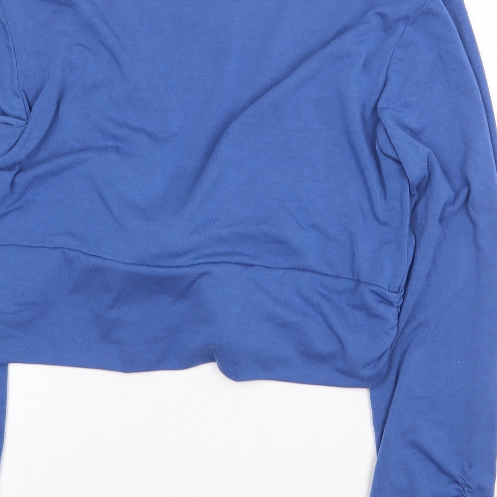 Text Womens Blue Polyester Cropped T-Shirt Size S V-Neck - Knot Front