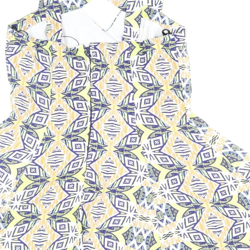 Missguided Womens Multicoloured Geometric Polyester Skater Dress Size 10 V-Neck Zip