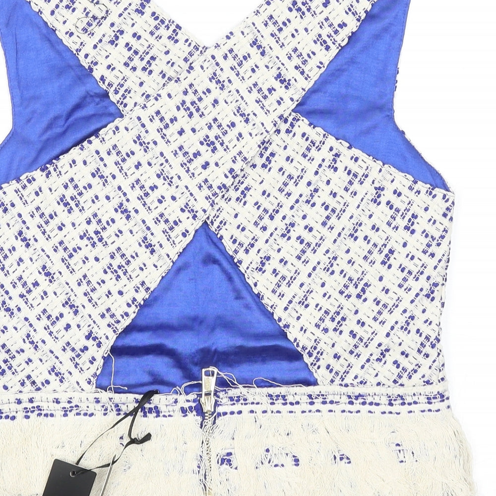 Drole de copine Womens Blue Geometric Polyester Basic Blouse Size S V-Neck