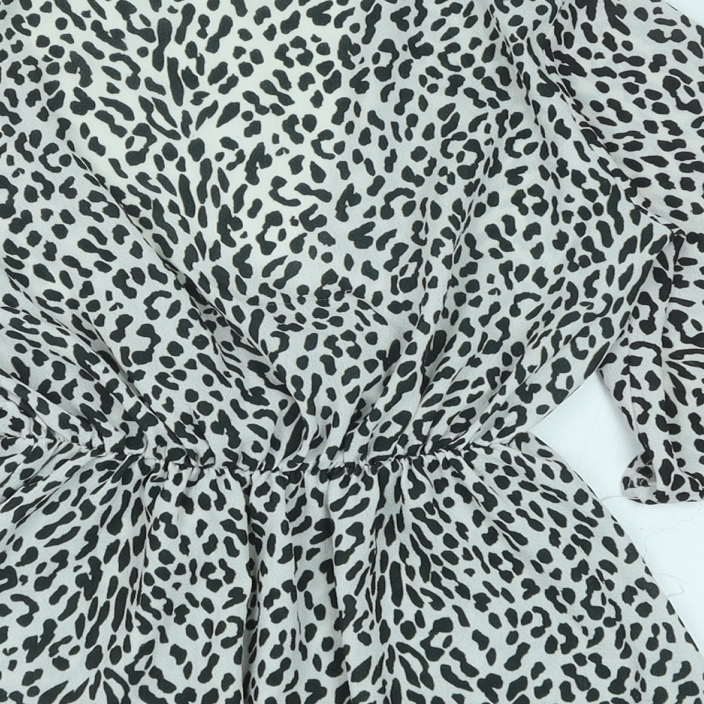 PRETTYLITTLETHING Womens Black Animal Print Polyester Basic Blouse Size 12 V-Neck