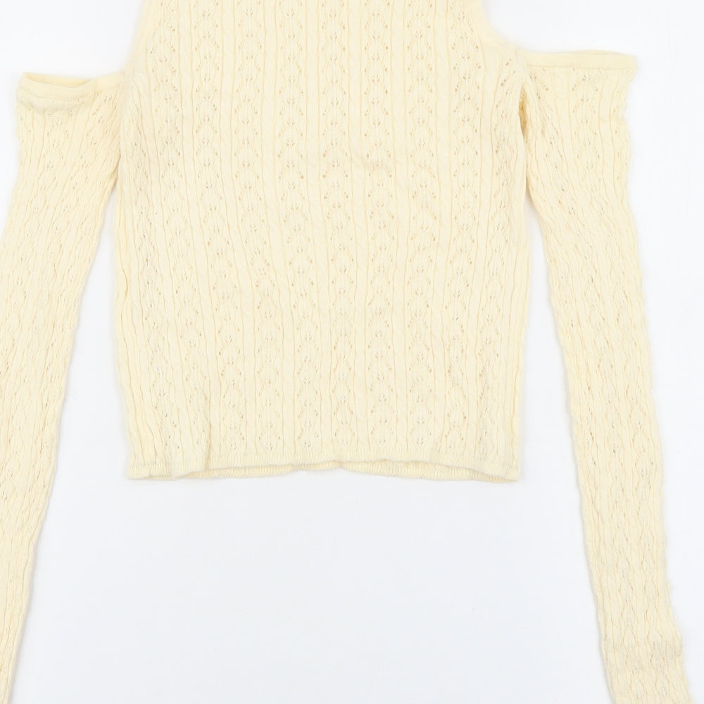 Stradivarius Womens Ivory Roll Neck Geometric Acrylic Pullover Jumper Size M - Cold Shoulder