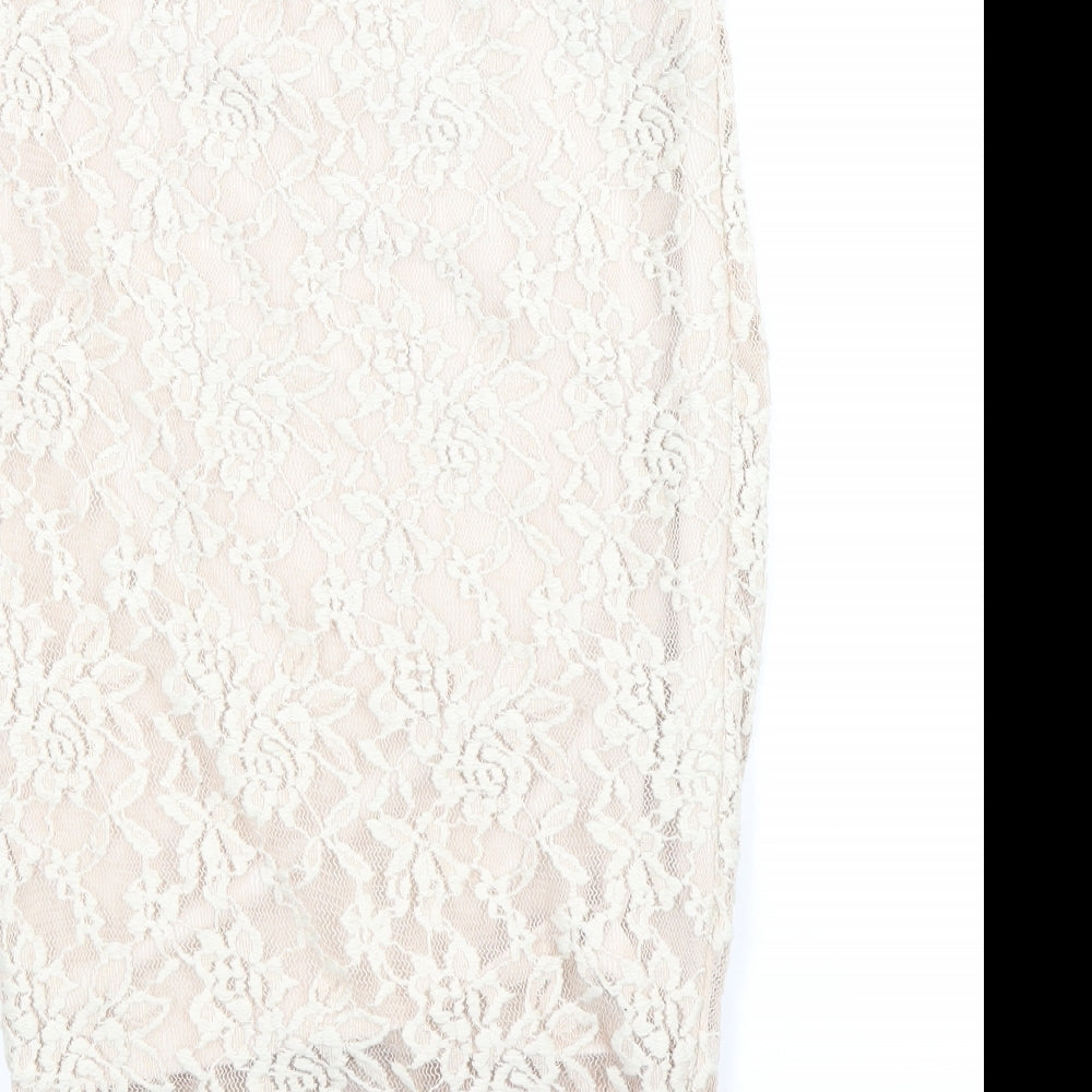 Preworn Womens Beige Polyester Straight & Pencil Skirt Size 6 - Lace Detail