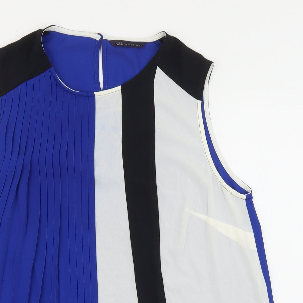 Marks & Spencer Womens Blue Geometric Polyester Basic Tank Size 12 Round Neck - Pleated front detail
