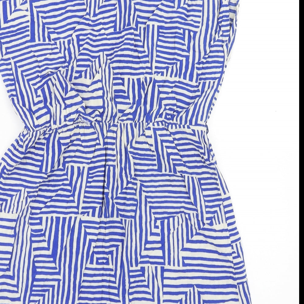 FOREVER 21 Womens Blue Geometric Viscose Mini Size L Boat Neck Pullover