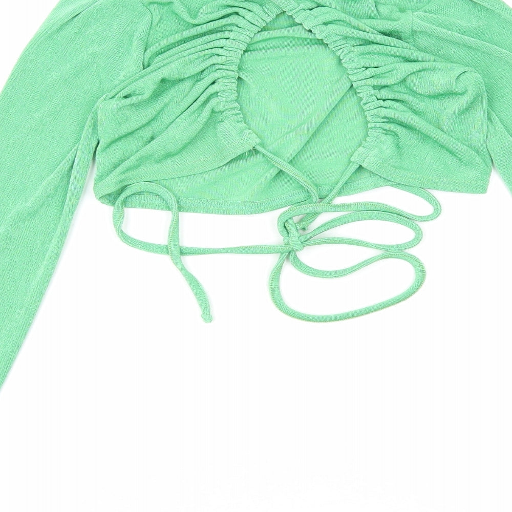 PRETTYLITTLETHING Womens Green Polyester Cropped Blouse Size 8 Round Neck