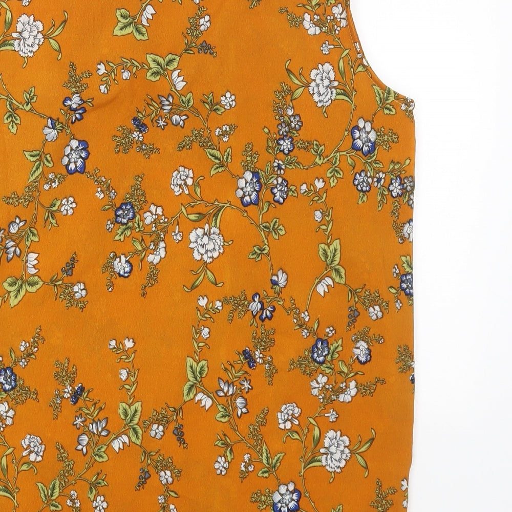 TENKI Womens Orange Floral Polyester Basic Blouse Size L Scoop Neck