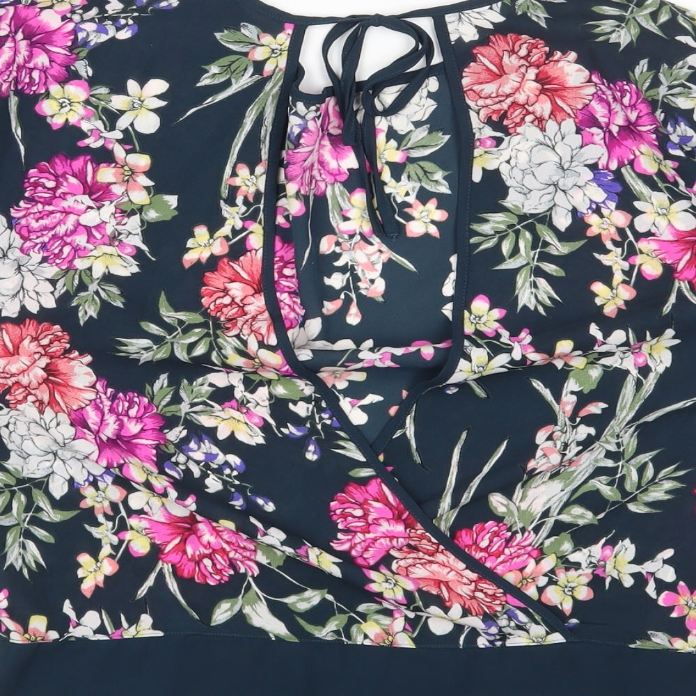 Marks & Spencer Womens Blue Floral Polyester Basic Blouse Size 6 Round Neck