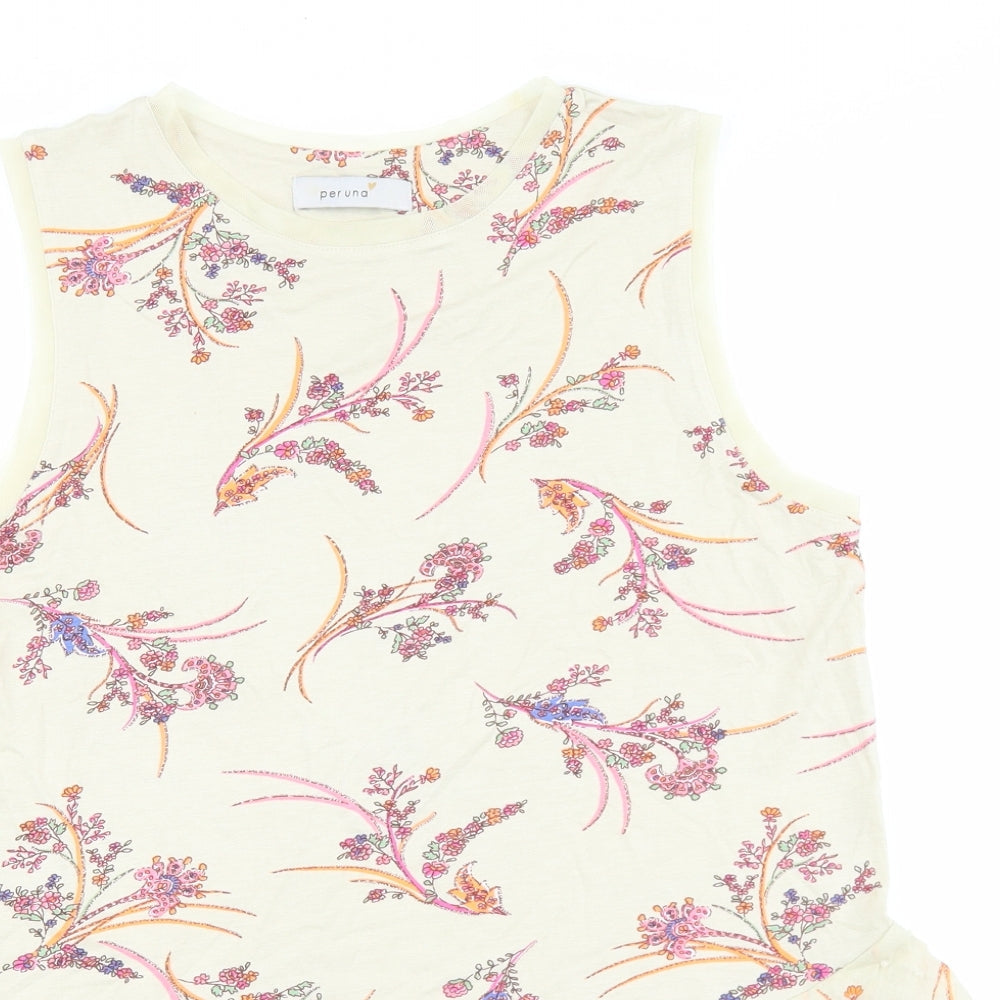 Marks and Spencer Womens Beige Floral 100% Cotton Basic Tank Size 8 Boat Neck