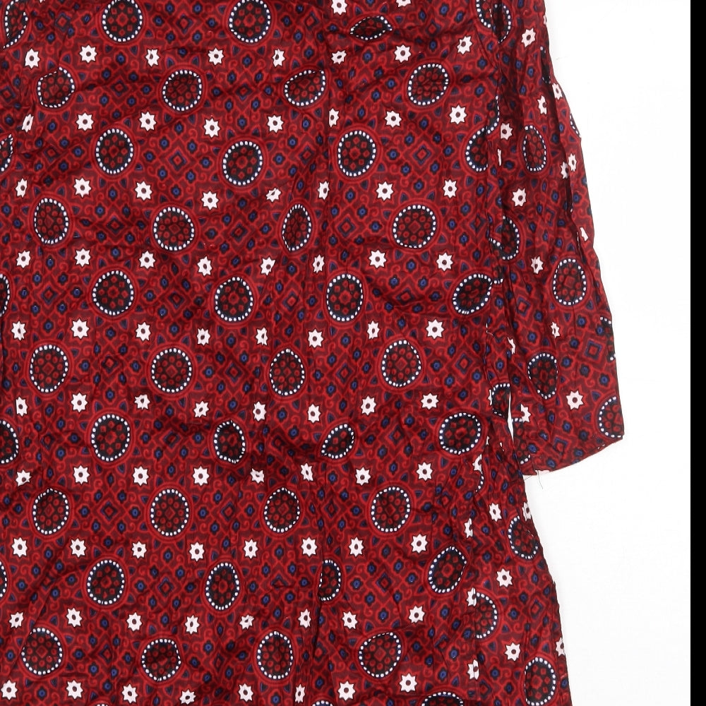 Preworn Womens Red Geometric Polyester Tunic Blouse Size 6 Round Neck - Side Slits