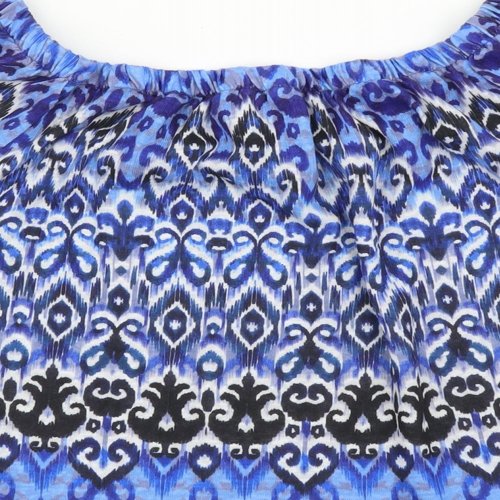 M&Co Womens Blue Geometric Polyester Basic T-Shirt Size S Boat Neck