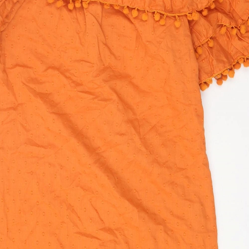 PRETTYLITTLETHING Womens Orange 100% Cotton Mini Size 4 Off the Shoulder Pullover - Pom Poms