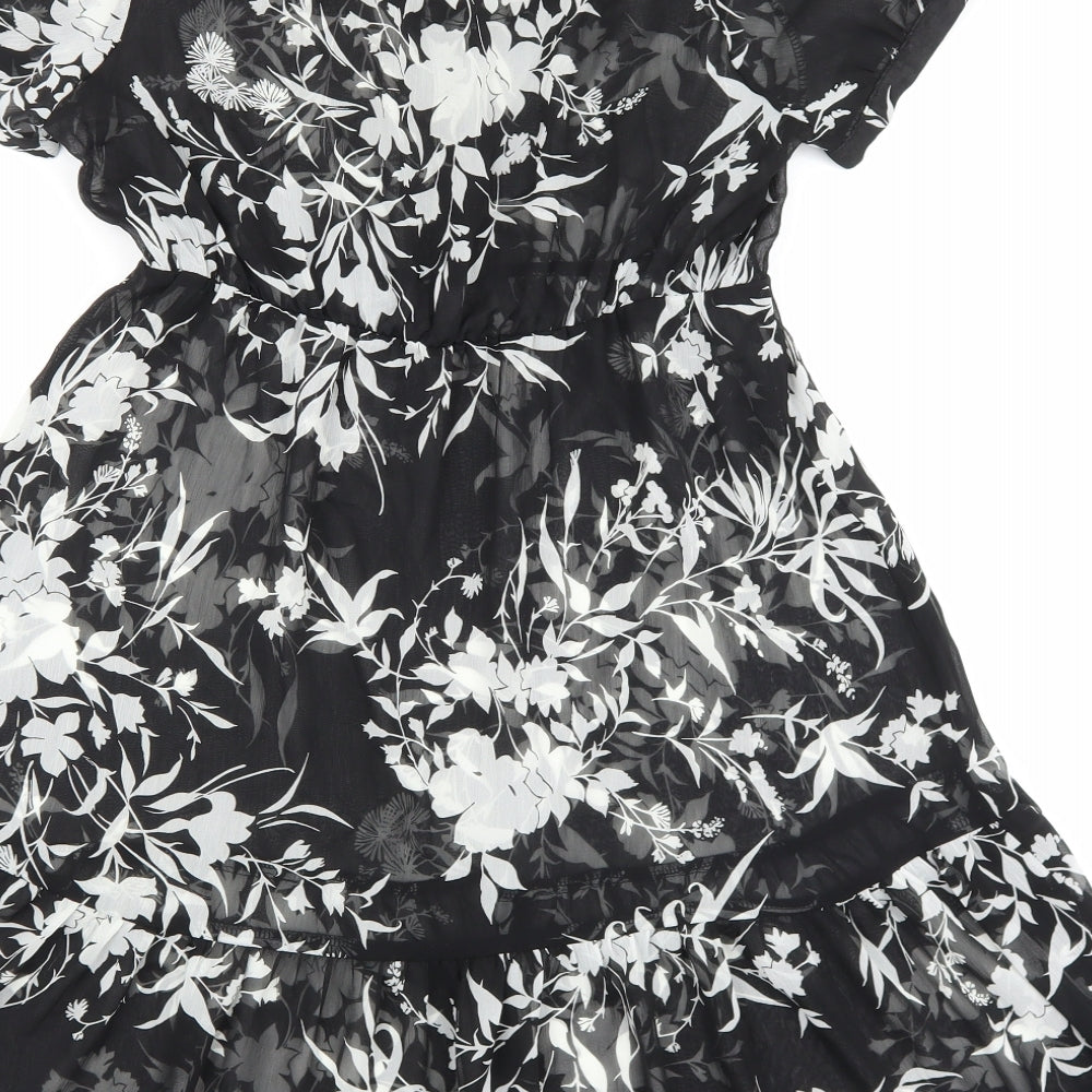 M&Co Womens Black Floral Polyester A-Line Size 10 Boat Neck Button