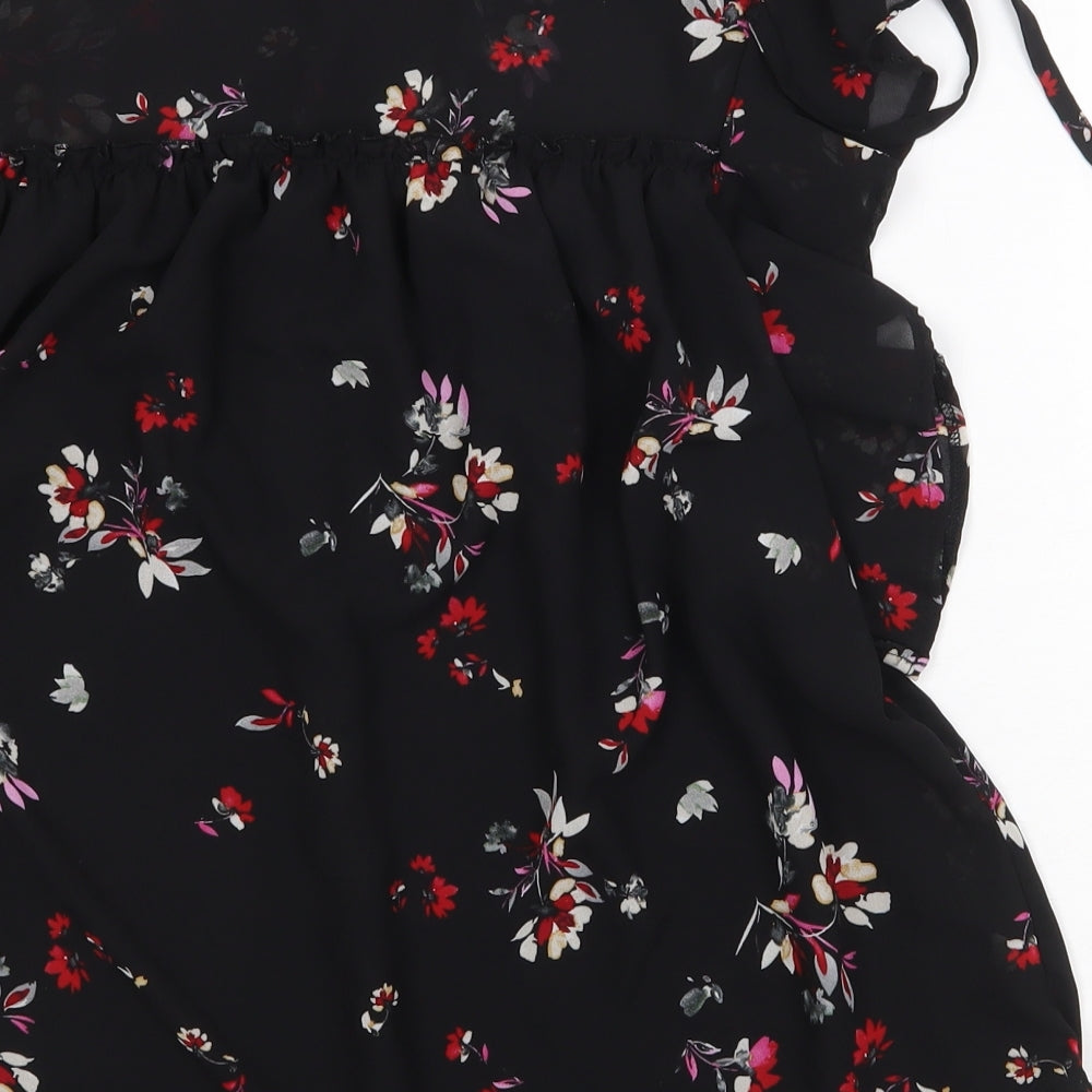 New Look Womens Black Floral Polyester Basic Blouse Size 8 Boat Neck - Tie Sleeve Detail
