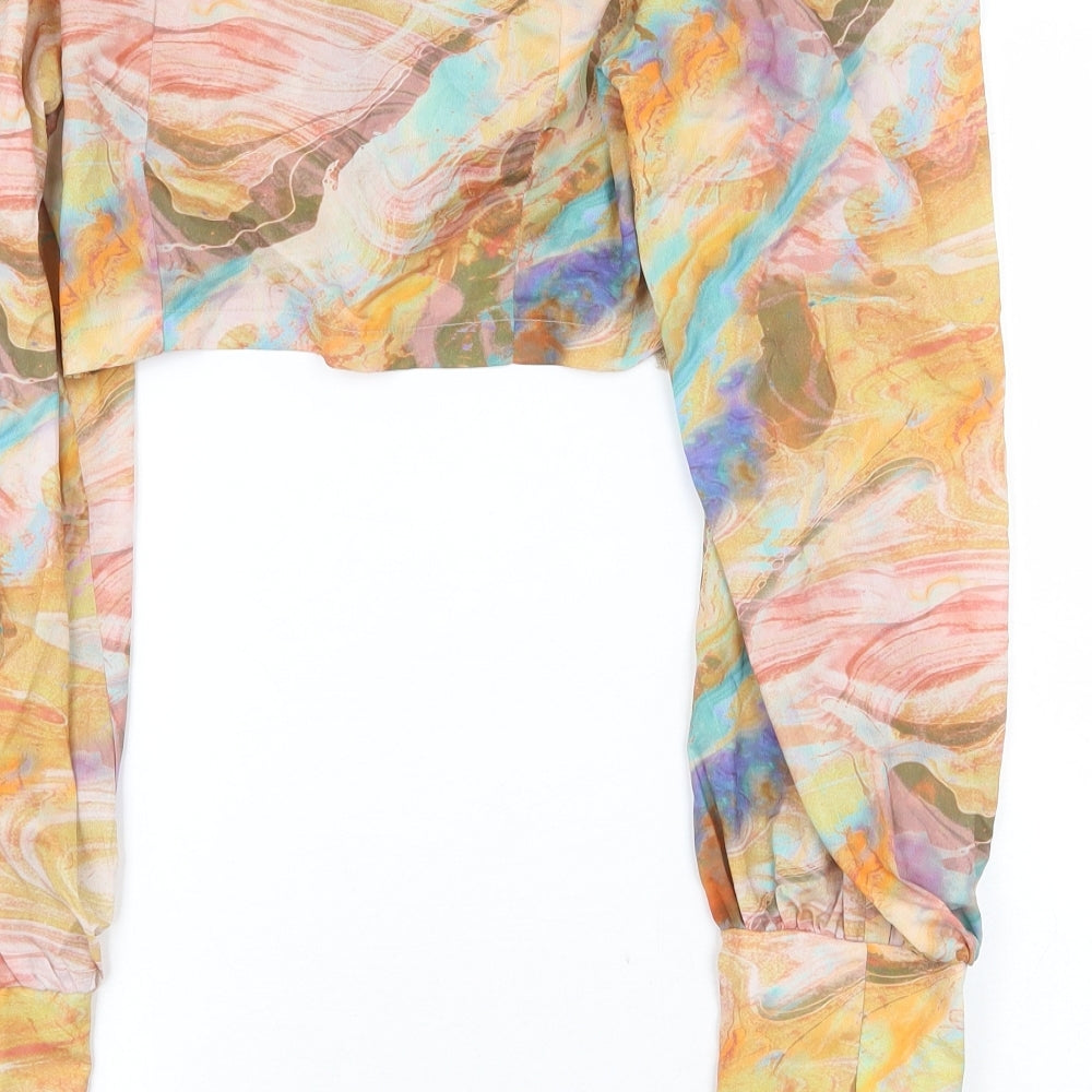 PRETTYLITTLETHING Womens Multicoloured Geometric Polyester Cropped Blouse Size 10 Square Neck - Marble Print
