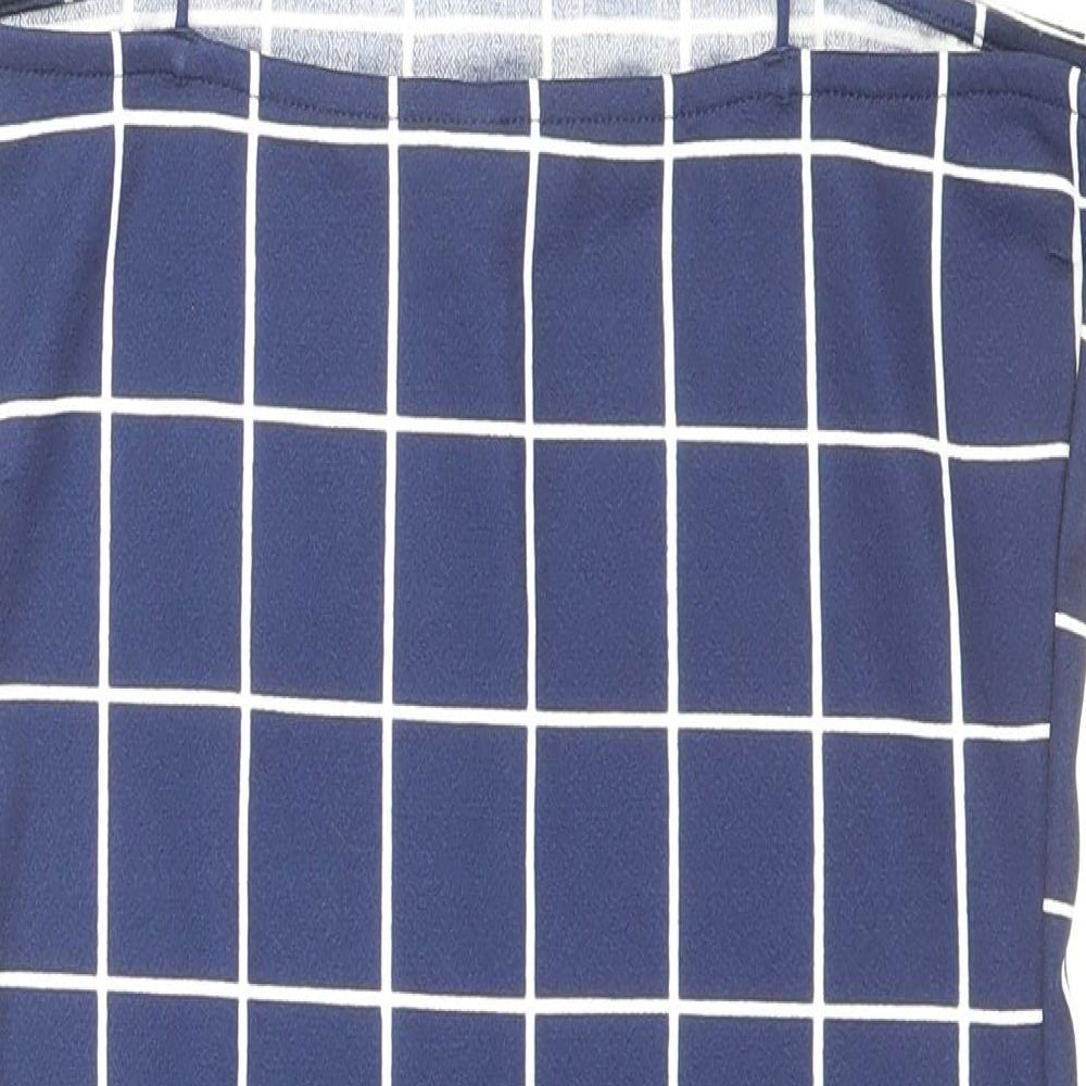 Zaful Womens Blue Check Polyester Mini Size M Square Neck Pullover