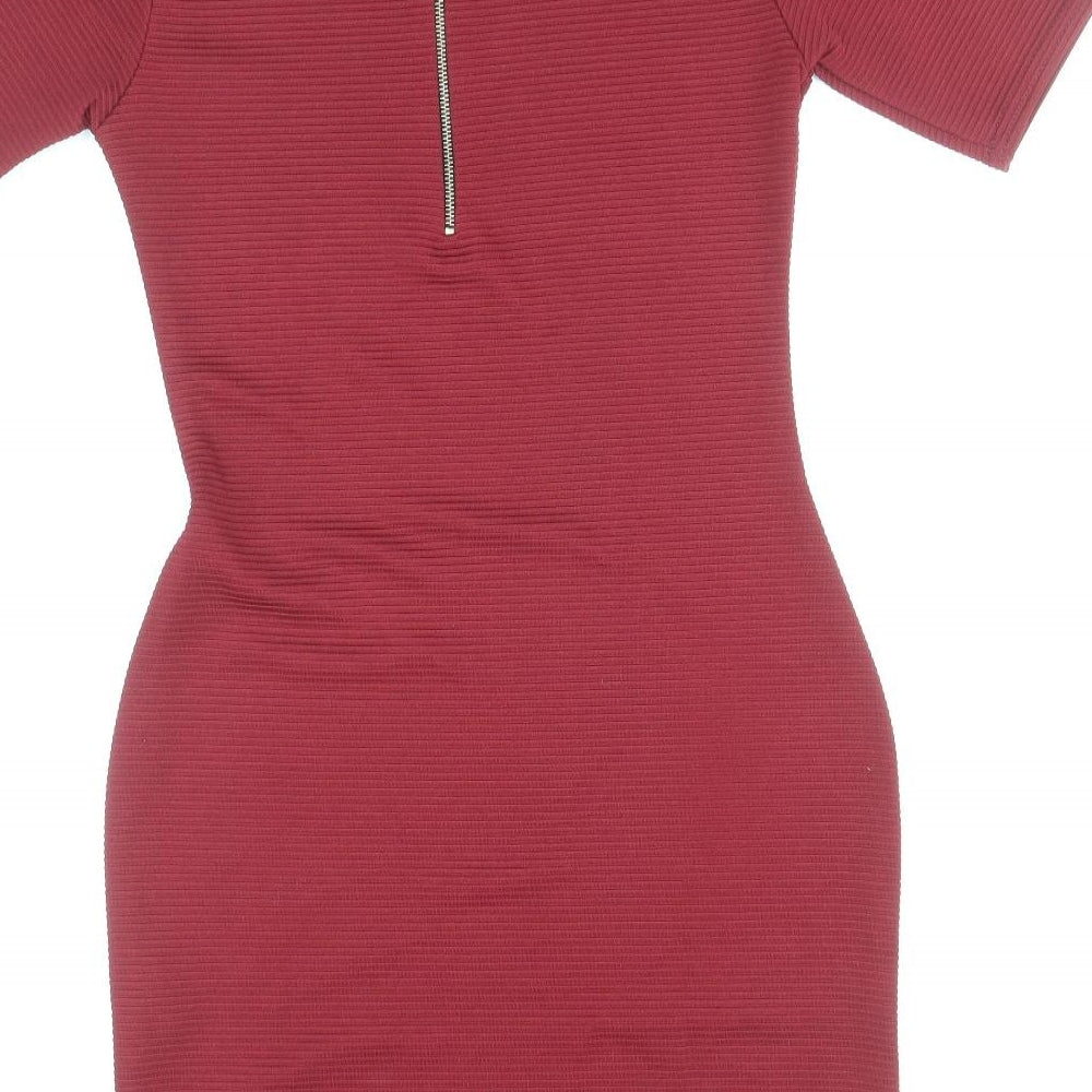 Boohoo Womens Red Polyester Bodycon Size 8 Mock Neck Zip