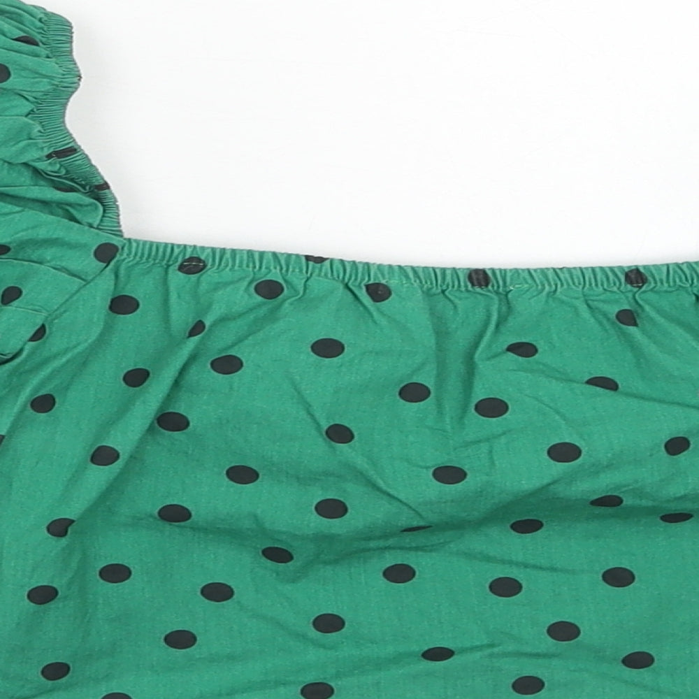Pull&Bear Womens Green Polka Dot Cotton Cropped Blouse Size M Sweetheart