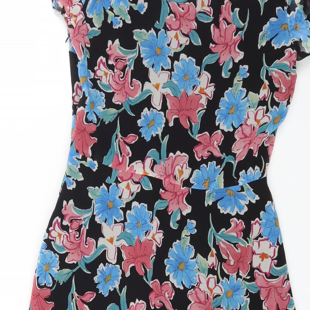 Trafaluc Womens Black Floral Polyester Mini Size 6 Boat Neck Zip