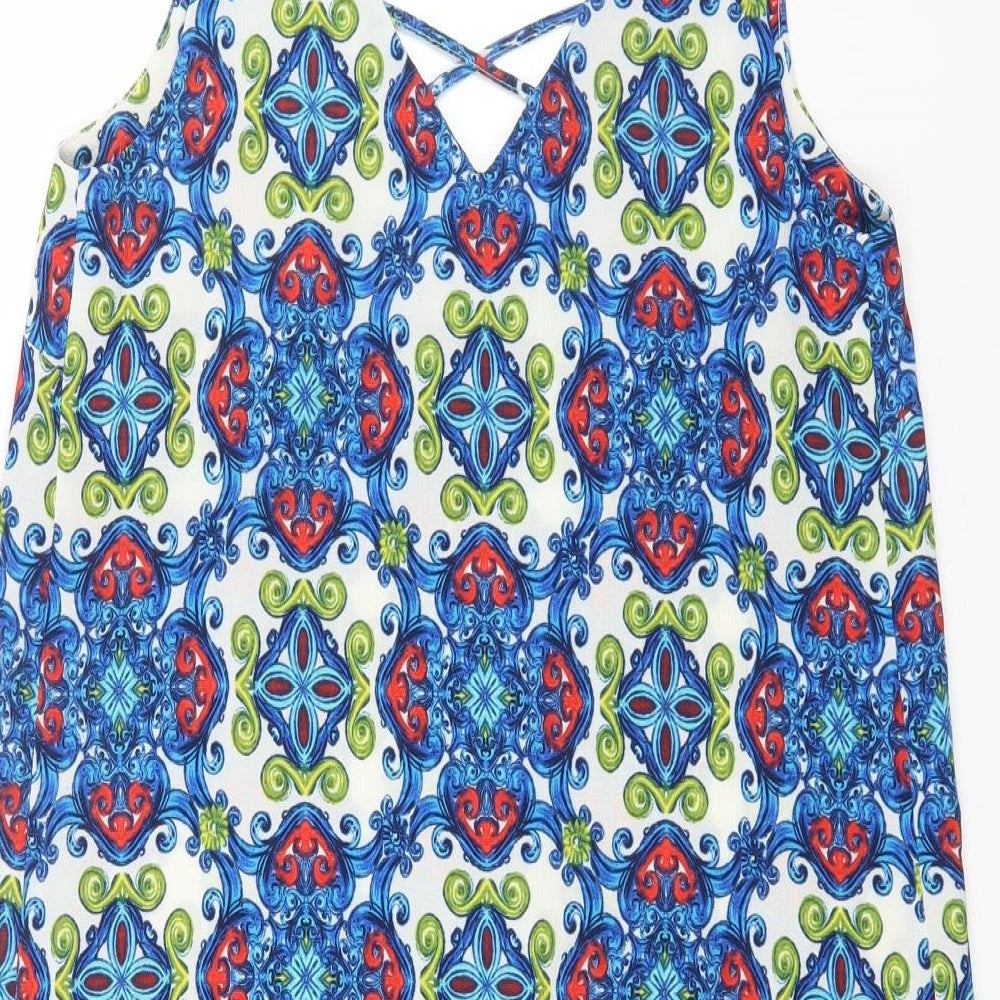 Papaya Womens Blue Geometric Polyester Shift Size 12 V-Neck Pullover