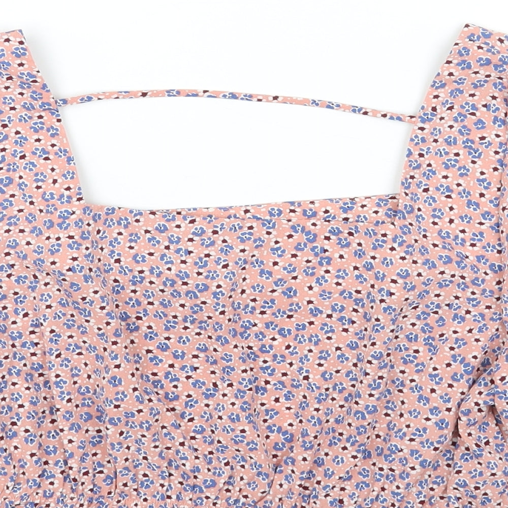 Pieces Womens Pink Floral Polyester Cropped Blouse Size L Square Neck
