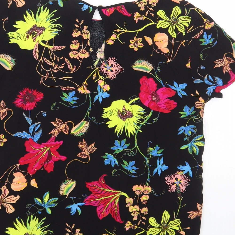 H&M Womens Black Floral Viscose Basic Blouse Size 6 Round Neck