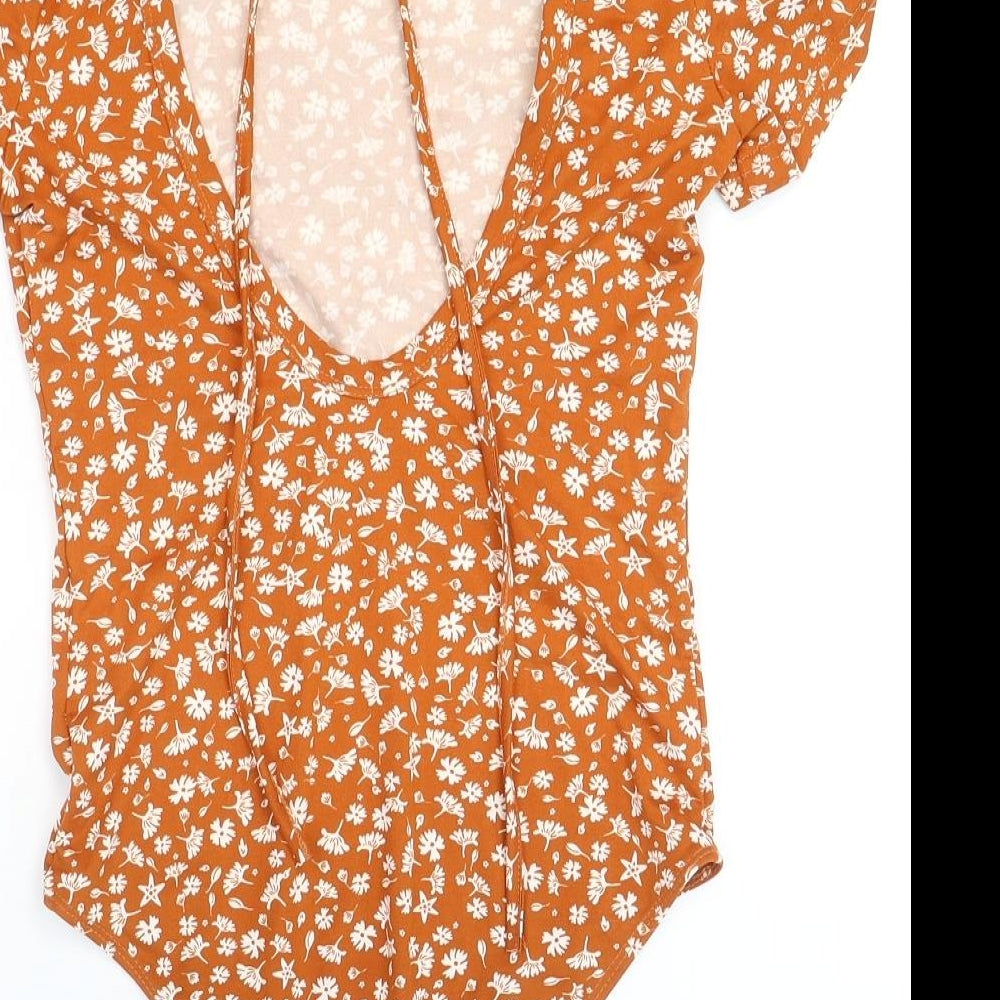 SheIn Womens Orange Floral Polyester Bodysuit One-Piece Size 8 Snap