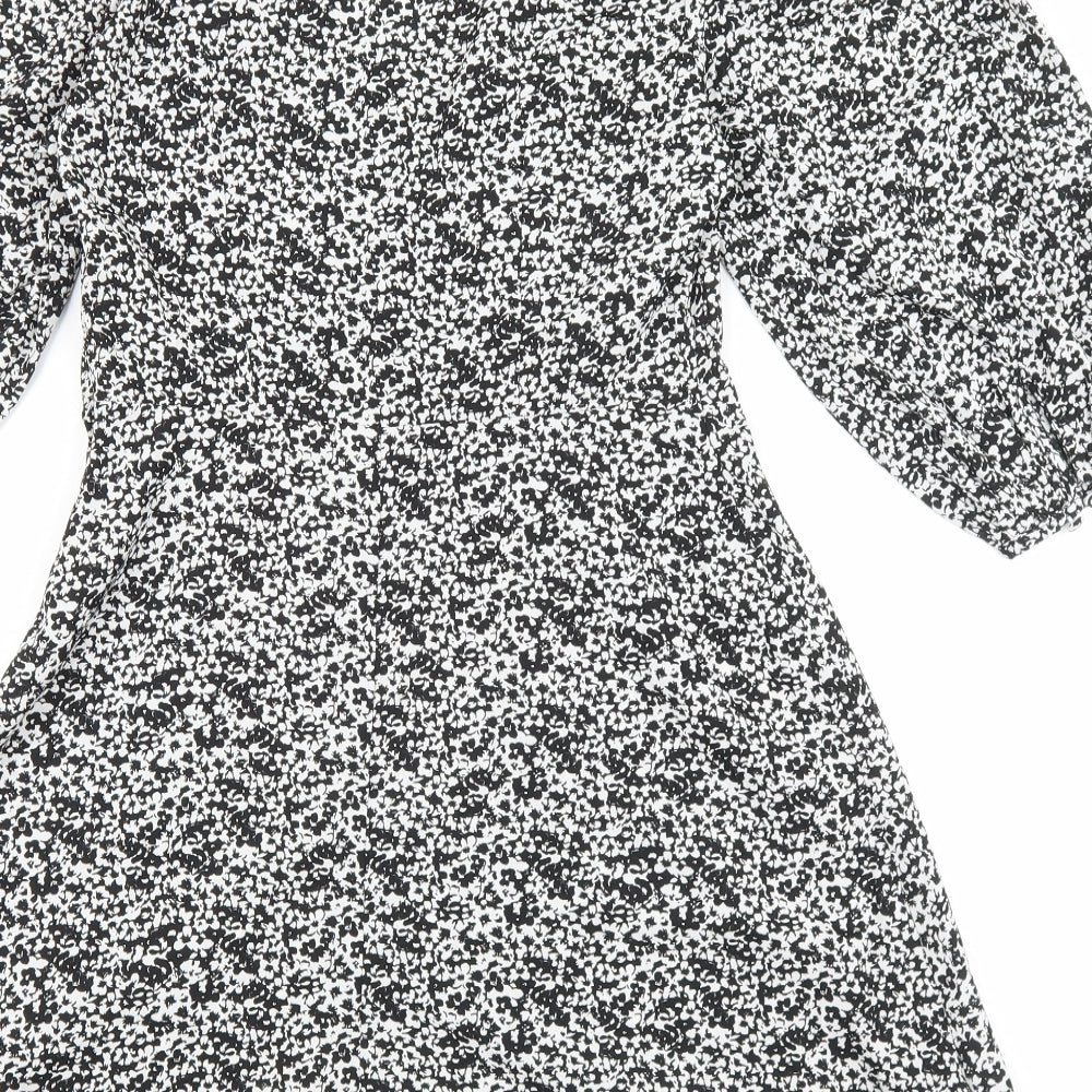 New Look Womens Black Floral Polyester Skater Dress Size 8 V-Neck Zip