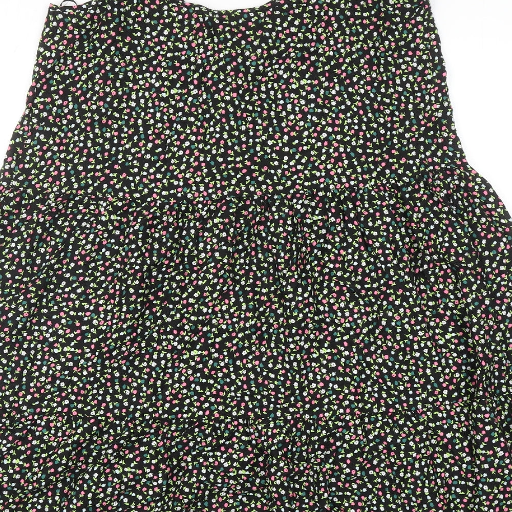 Marks & Spencer Womens Black Floral Viscose A-Line Size 8 Scoop Neck Pullover - Tiered