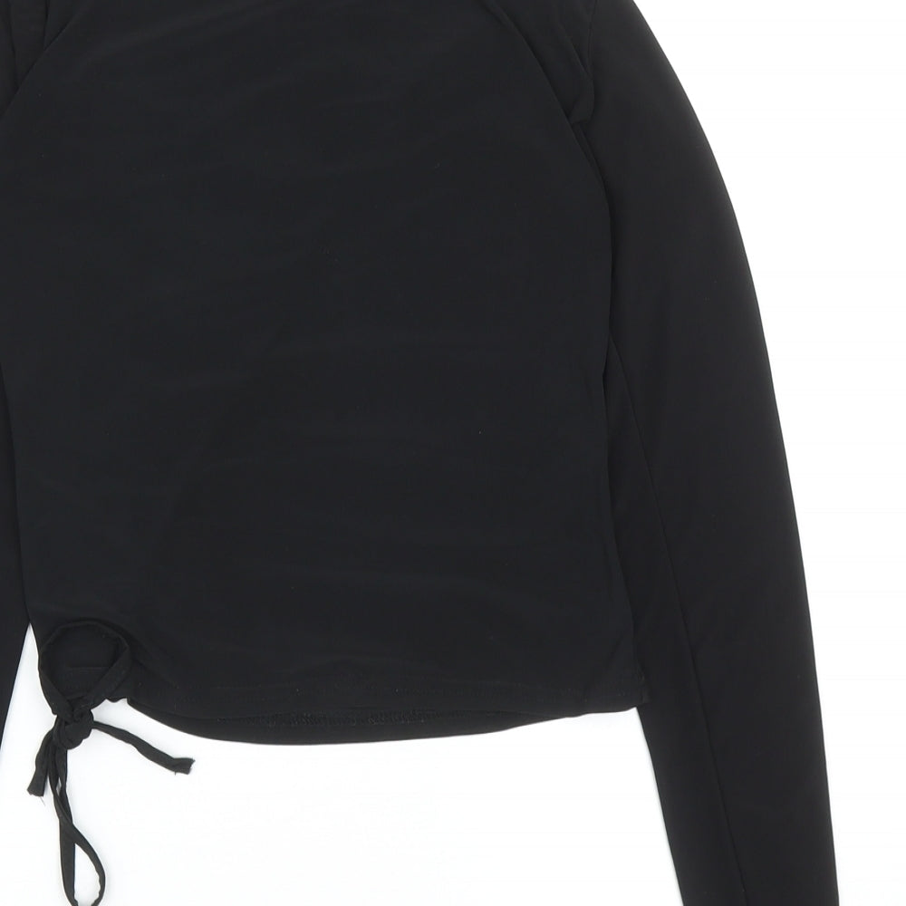 PRETTYLITTLETHING Womens Black Polyester Basic Blouse Size 6 Boat Neck - Tie Ruched Detail