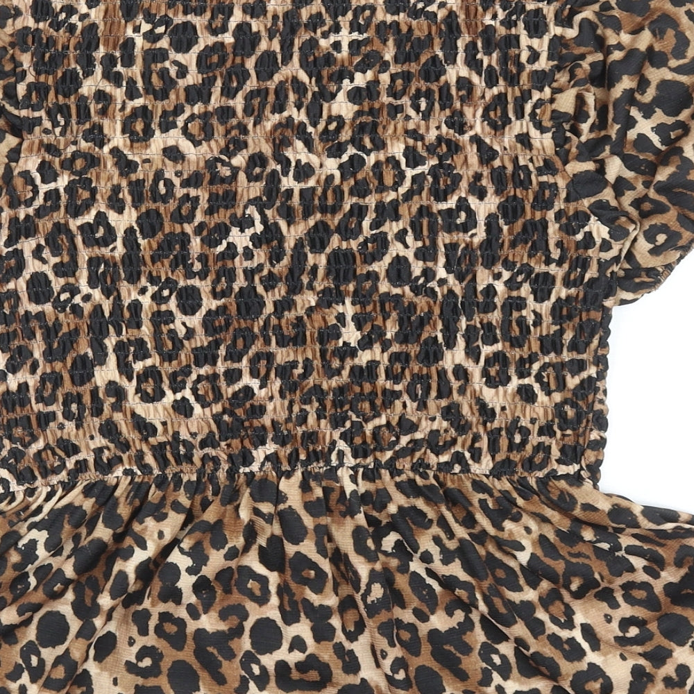 Zara Womens Brown Animal Print Polyester Basic Blouse Size S Round Neck