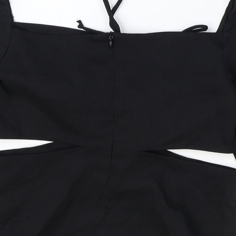 Zara Womens Black Linen Basic Blouse Size XS Square Neck - Cut Out Detail, Ruched