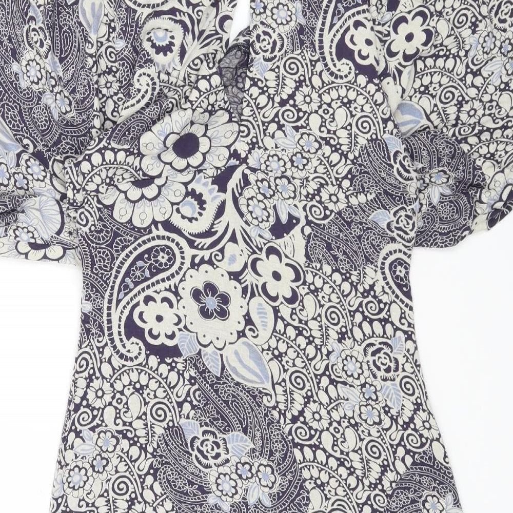 Warehouse Womens Blue Floral Cotton Shift Size 12 Boat Neck Pullover