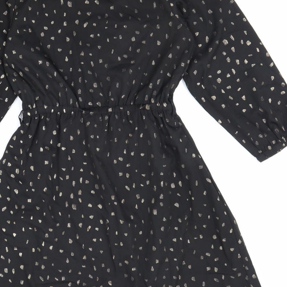 Yumi Womens Black Geometric Polyester Shirt Dress Size 6 V-Neck Pullover