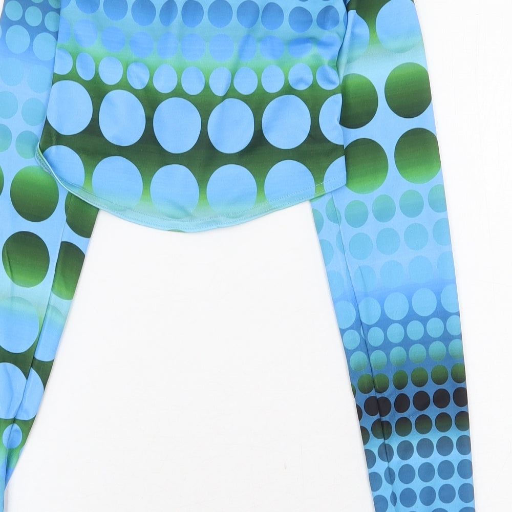 PRETTYLITTLETHING Womens Blue Geometric Polyester Cropped T-Shirt Size 8 V-Neck