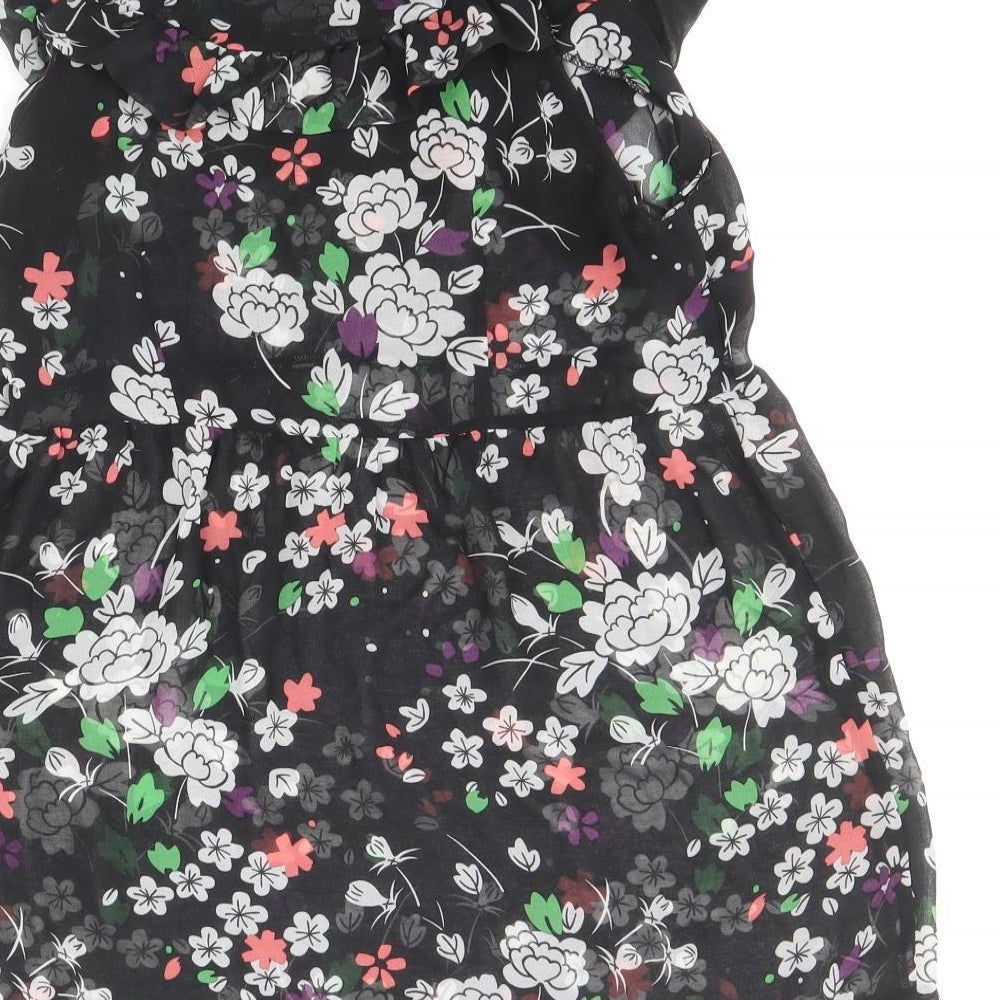 Topshop Womens Black Floral Polyester Basic Blouse Size 12 Boat Neck - Peplum