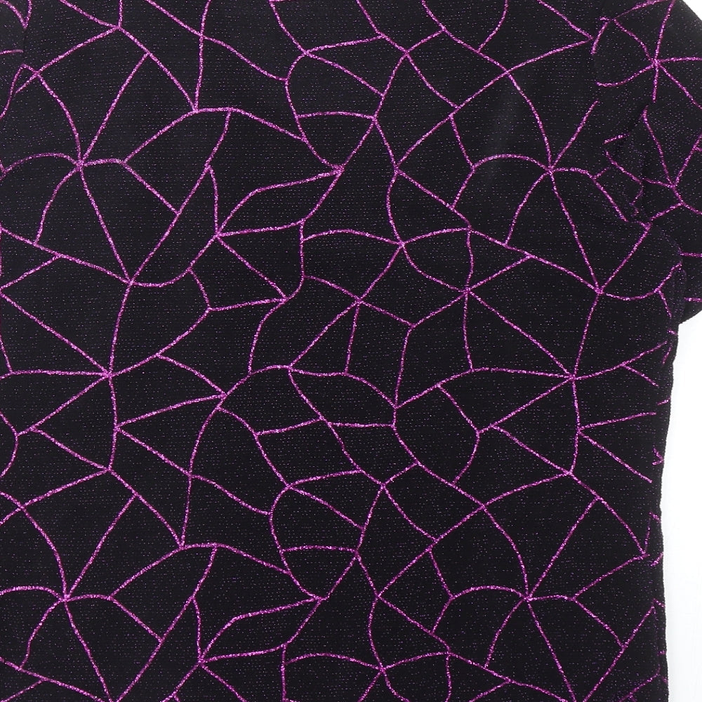 Berkertex Womens Black Geometric Nylon Basic T-Shirt Size 16 V-Neck