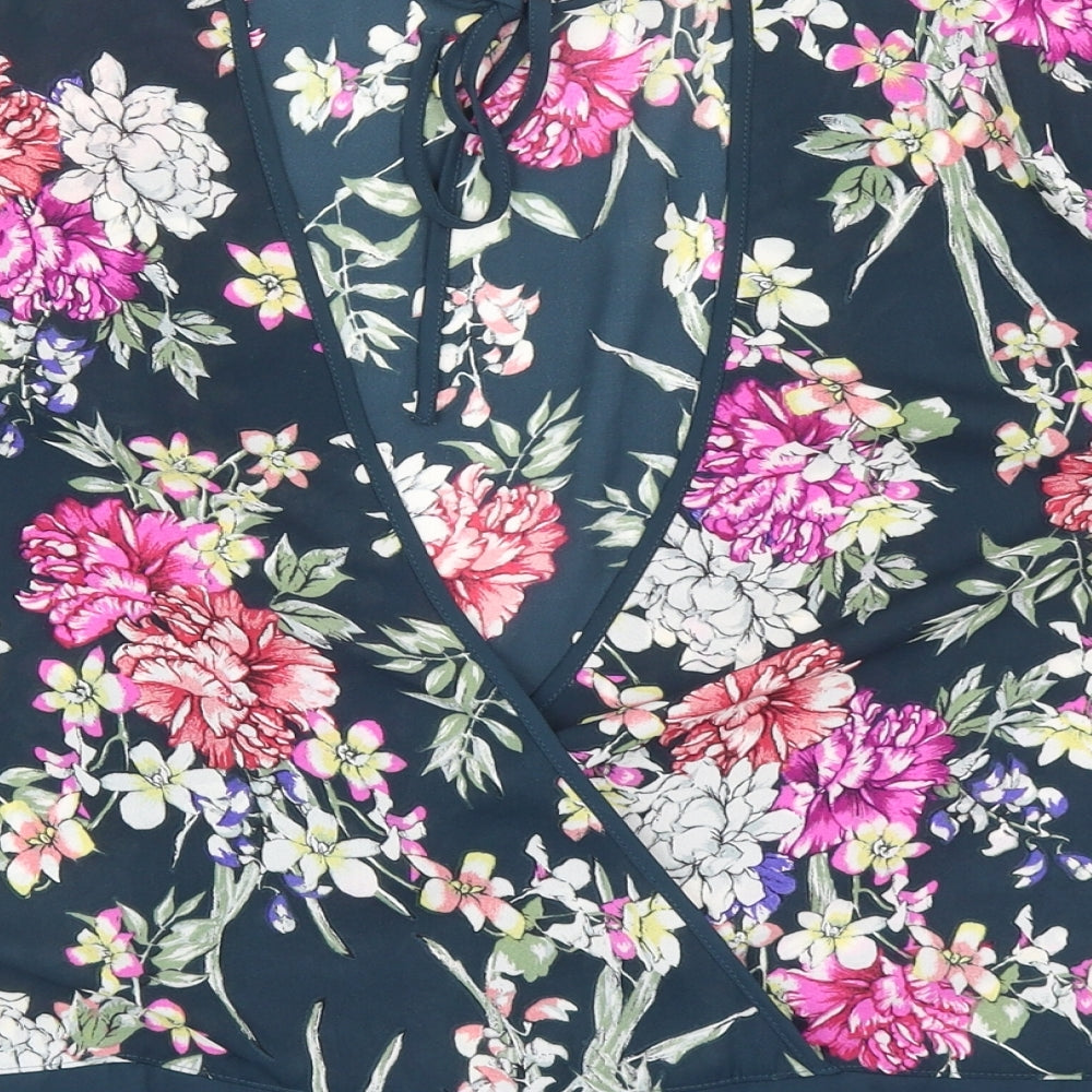 Marks & Spencer Womens Blue Floral Polyester Basic Blouse Size 10 Round Neck