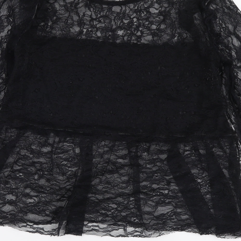 River Island Womens Black Polyester Basic T-Shirt Size 8 Round Neck - Lace Detail