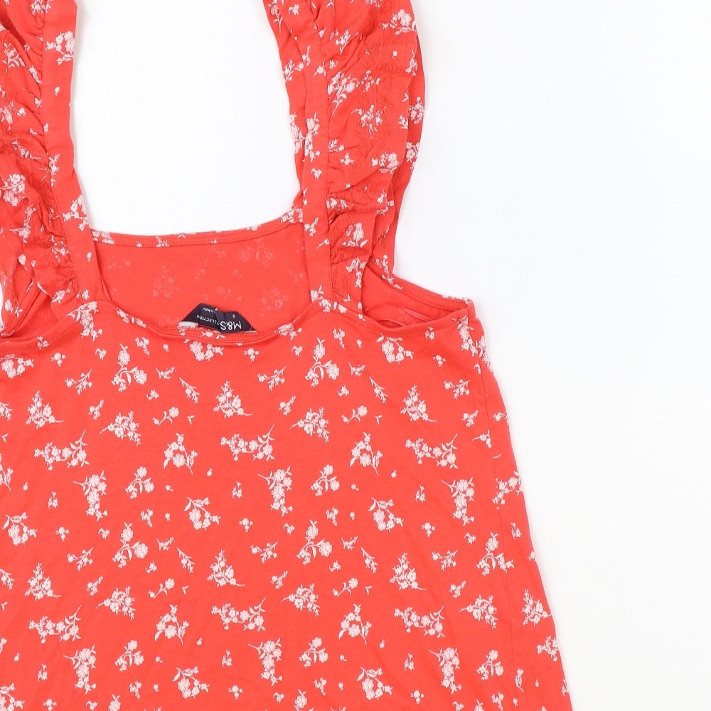 Marks & Spencer Womens Red Floral 100% Cotton Basic Tank Size 8 Scoop Neck