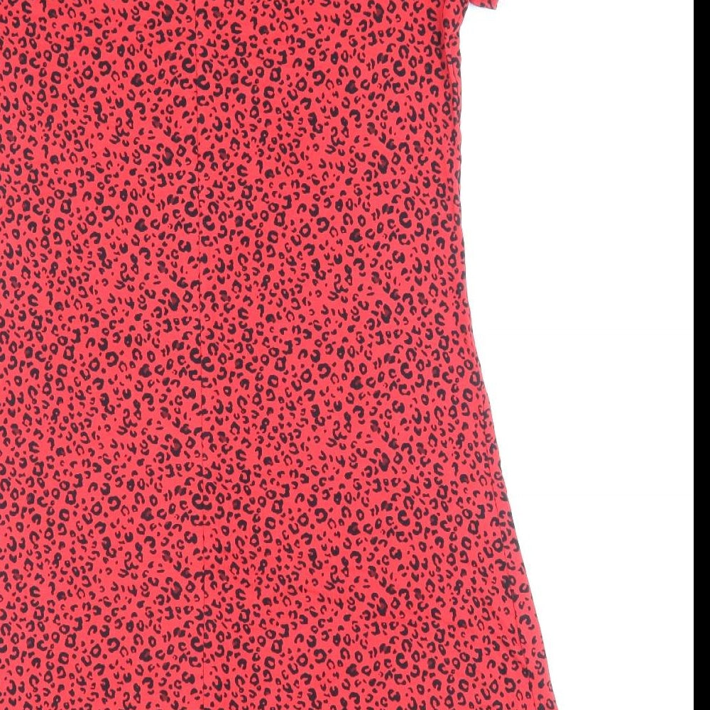 Marks & Spencer Womens Red Animal Print Viscose Shift Size 10 Round Neck Button - Leopard Print