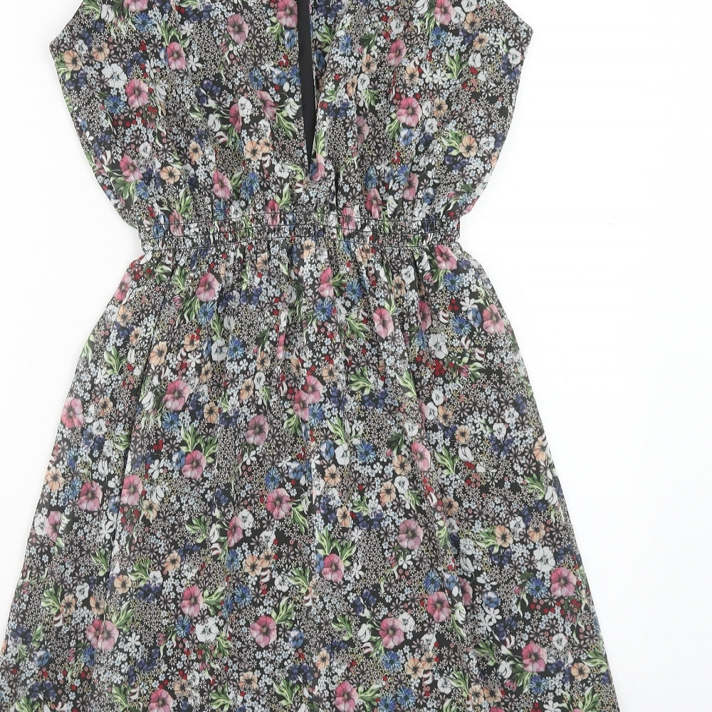 H&M Womens Multicoloured Floral Polyester Fit & Flare Size 10 Round Neck Button