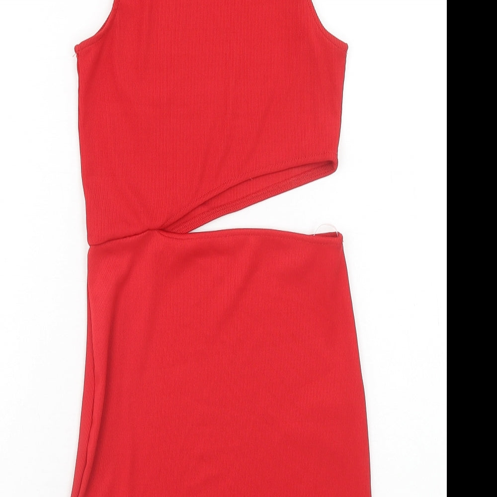 Pull&Bear Womens Red Polyester Bodycon Size S High Neck Pullover - Ribbed Cut Out Detail
