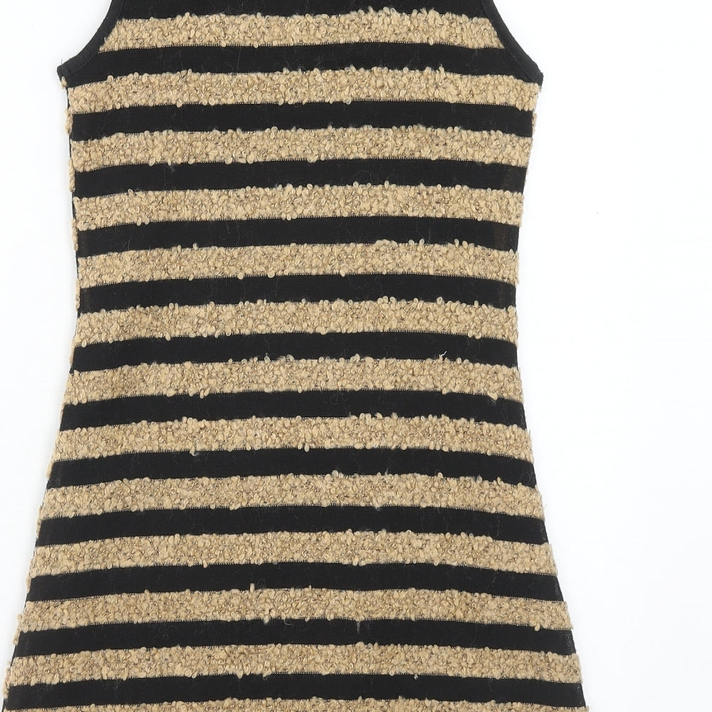 Monteau Womens Brown Striped Polyester A-Line Size S Scoop Neck Pullover