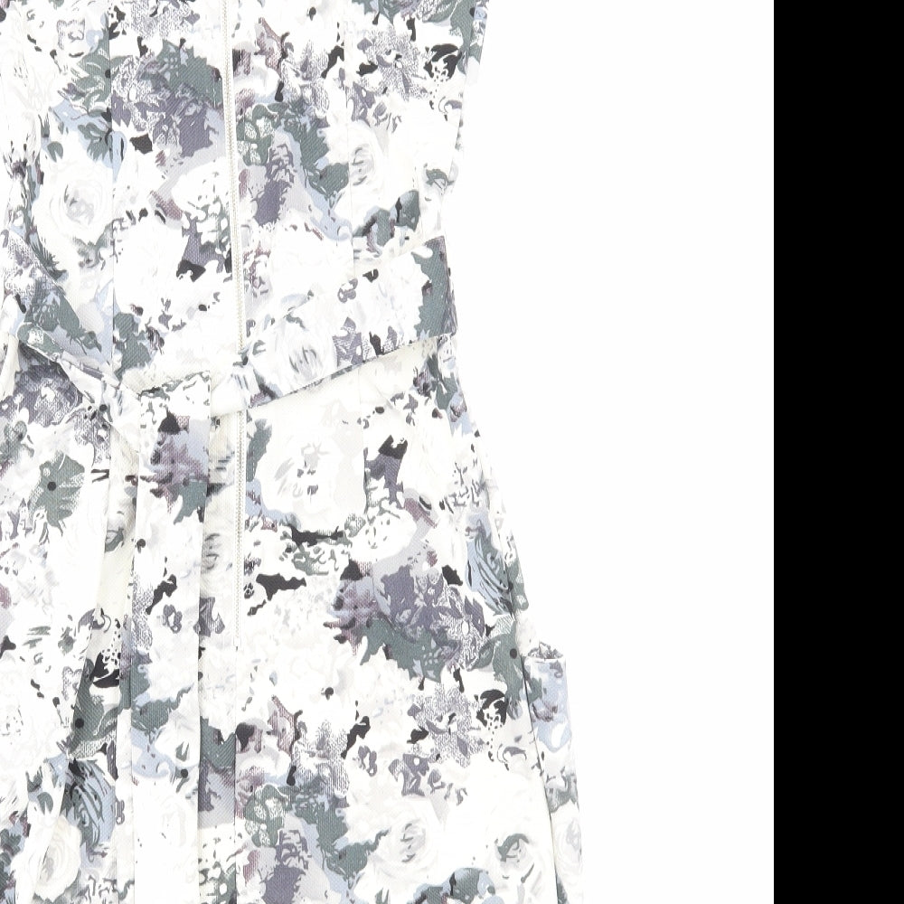 Voulez-Vous Womens White Floral Viscose Bodycon Size 8 Round Neck Zip
