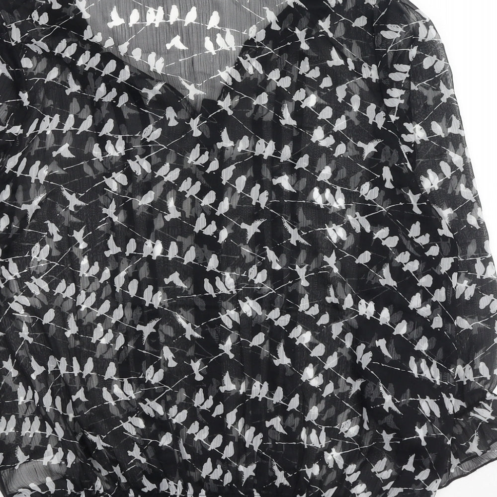 NEXT Womens Black Geometric Polyester Basic Button-Up Size 10 V-Neck - Bird Pattern