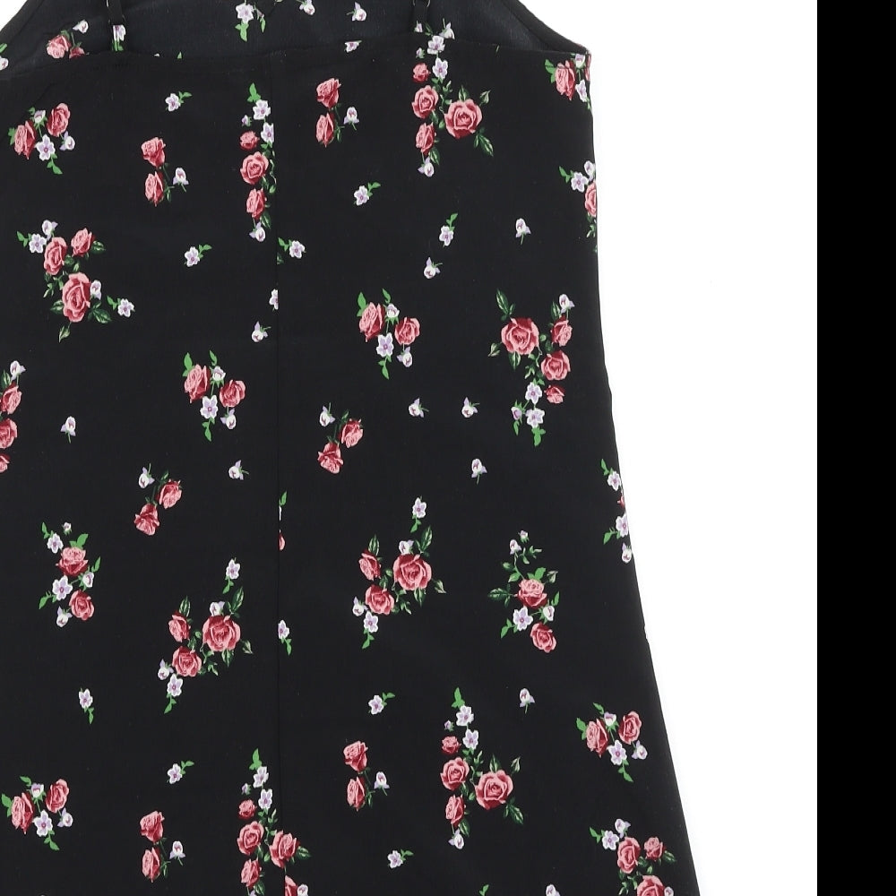 H&M Womens Black Floral Polyester Tank Dress Size 4 V-Neck Pullover