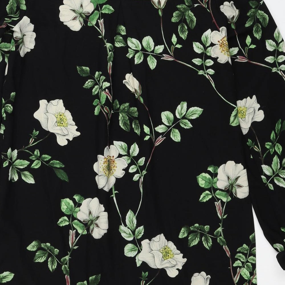 H&M Womens Black Floral Polyester Shift Size 8 Scoop Neck Pullover - Tie Sleeve Detail