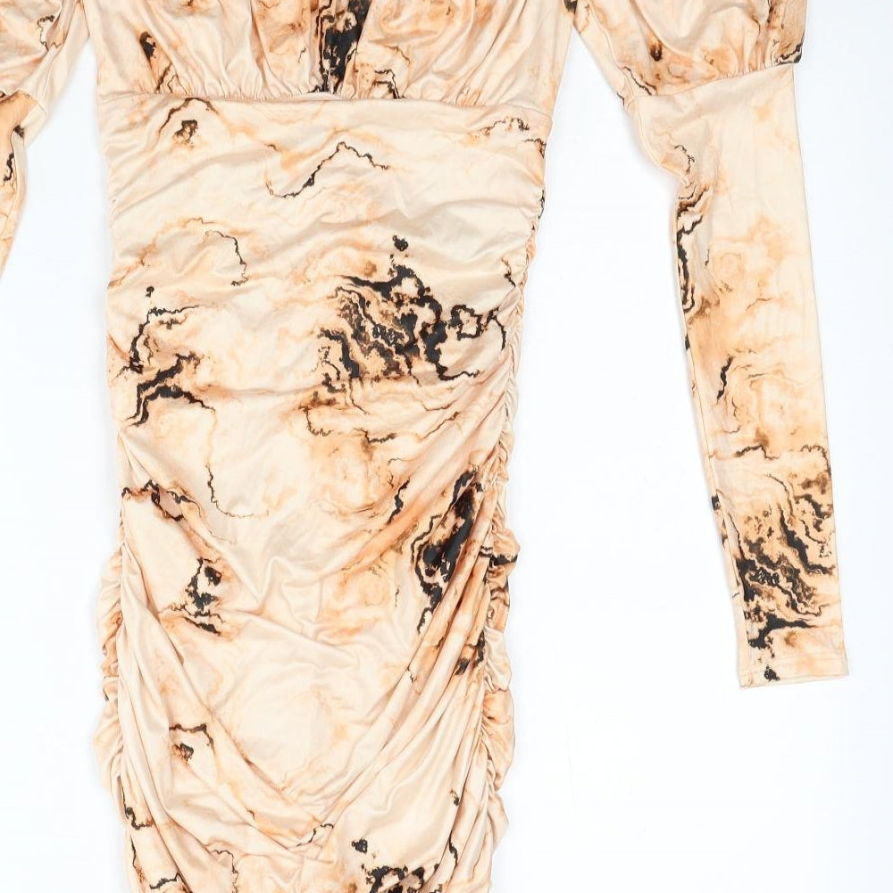 ASOS Womens Beige Tie Dye Polyester Bodycon Size 4 Off the Shoulder Pullover - Balloon Sleeve
