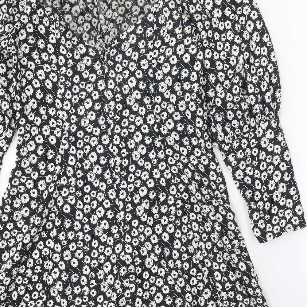 Topshop Womens Black Floral Polyester A-Line Size 10 Round Neck Zip