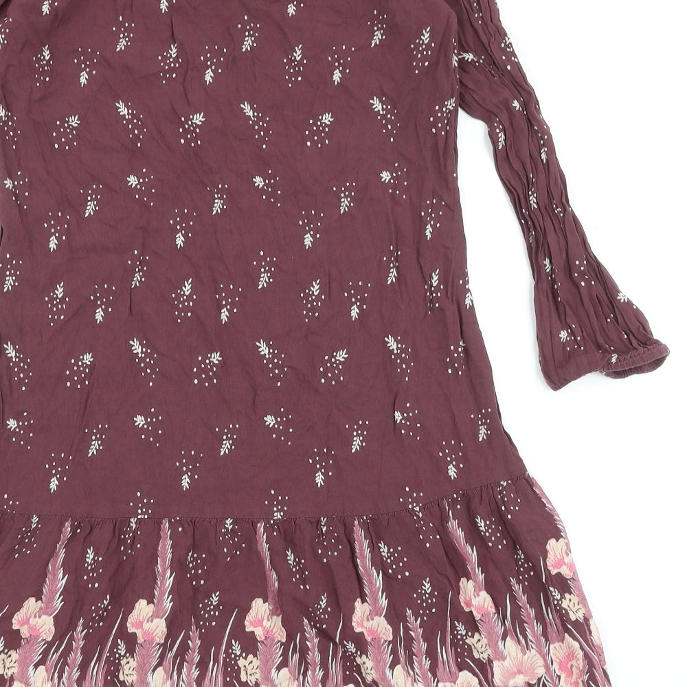 Marks & Spencer Womens Purple Floral Viscose Fit & Flare Size 10 Round Neck Button